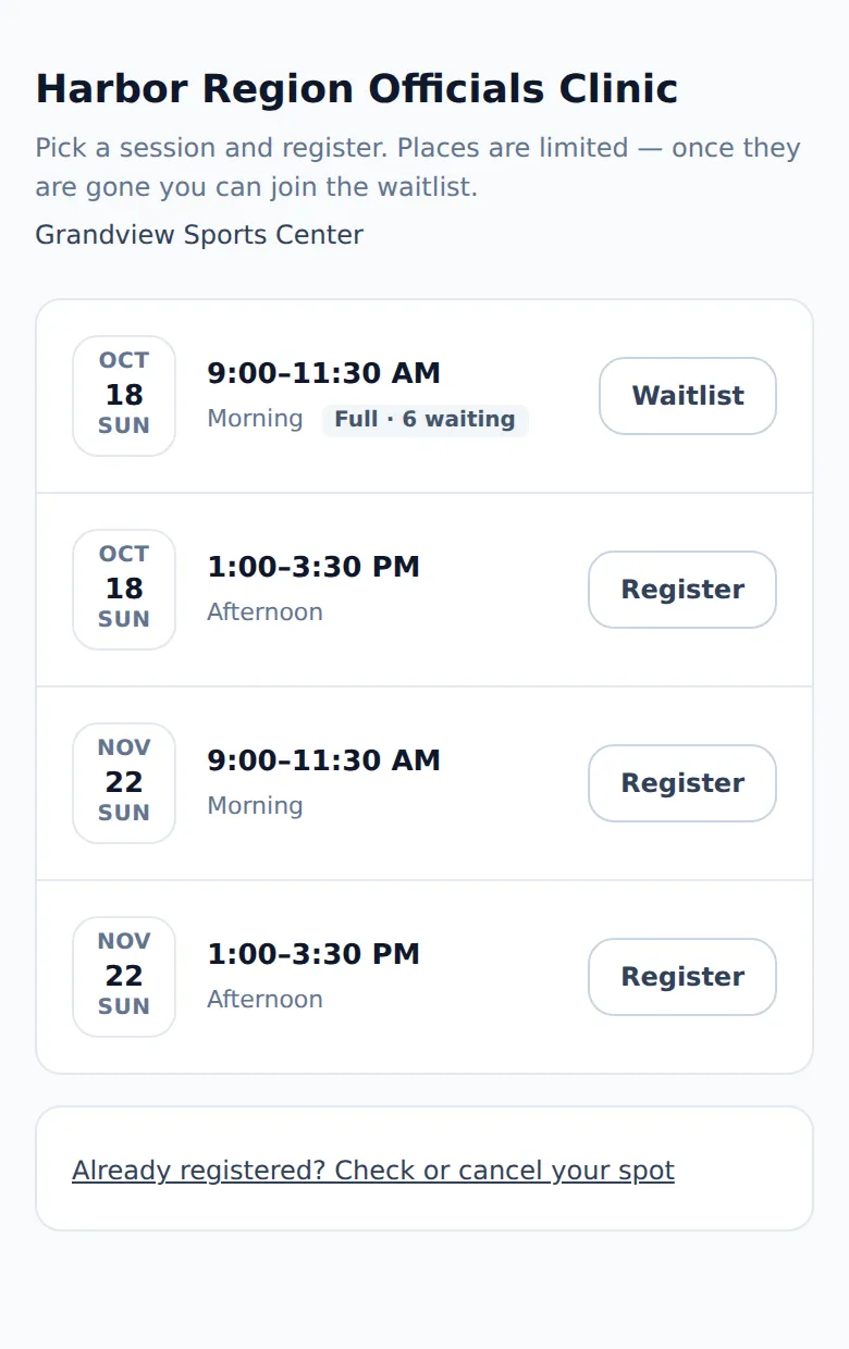 The public clinic sign-up page on a phone: four sessions on two Sundays, the first one full with a waitlist.