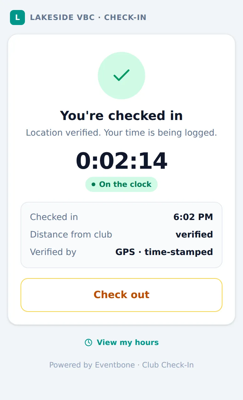 A coach's phone after tapping the club's link: checked in at 6:02 PM, location verified by GPS, and the clock running at 0:02:14.