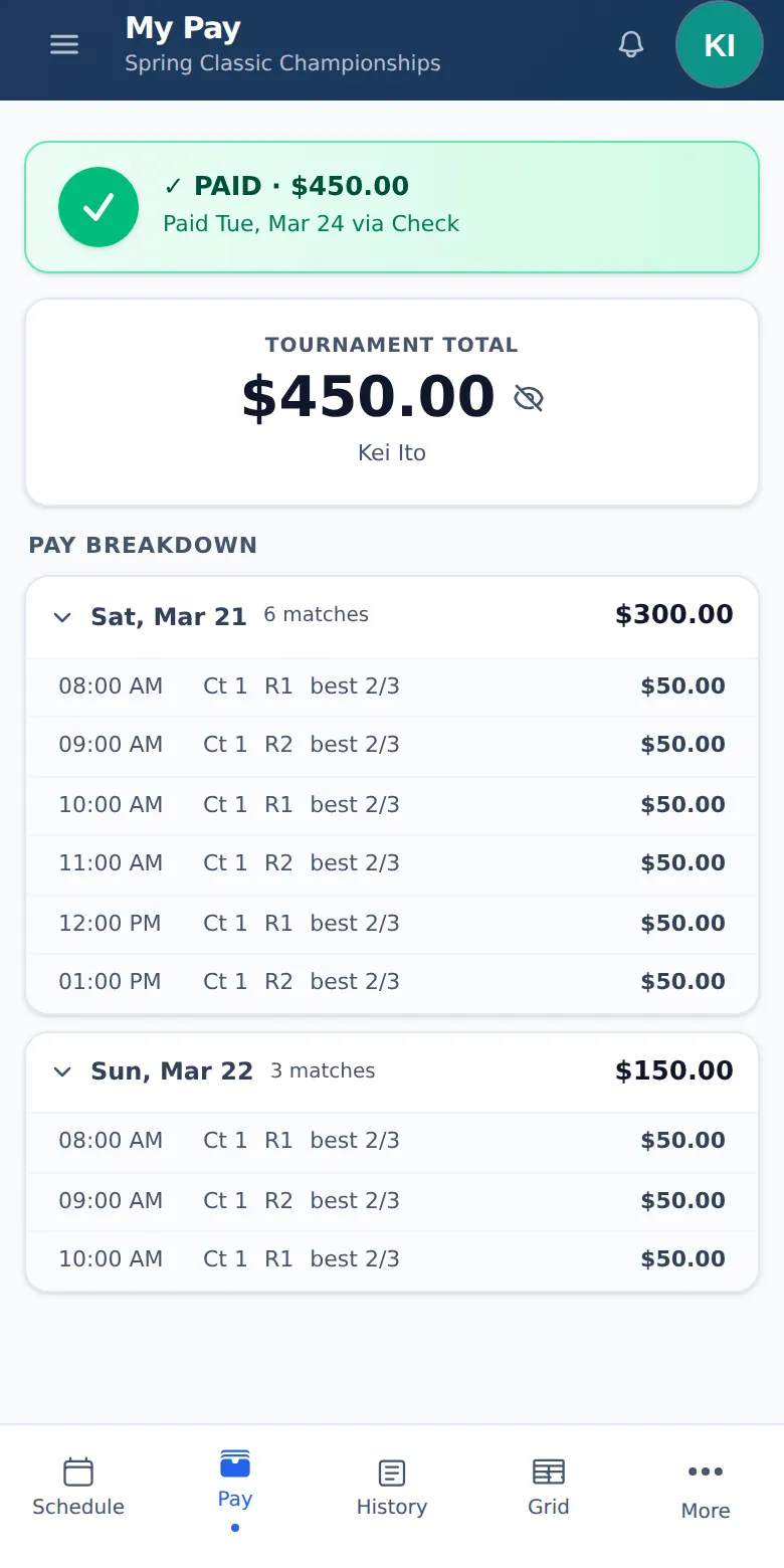 The same official's pay: $450.00 for the weekend, marked paid by check, with every match and its rate listed by day.