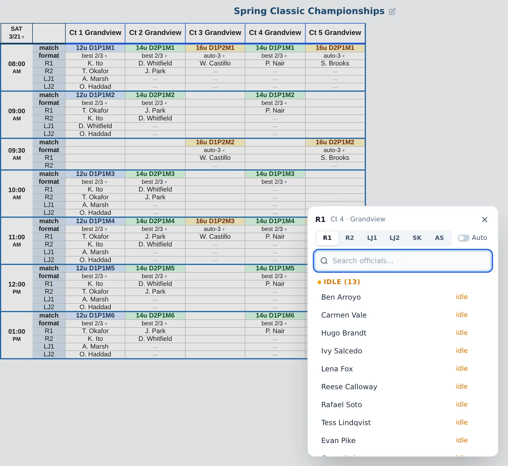 Assigning the open R1 on court 4 at 10:00 AM: the schedule with a picker listing the officials who can take the spot and how many matches each has that day.