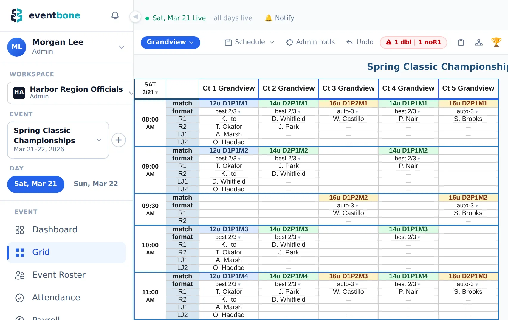 The Eventbone officials schedule for a sample tournament on Saturday morning: five courts across the top, match times down the side, and the officials assigned to each match, with one open R1 and one double-booking flagged in the toolbar.