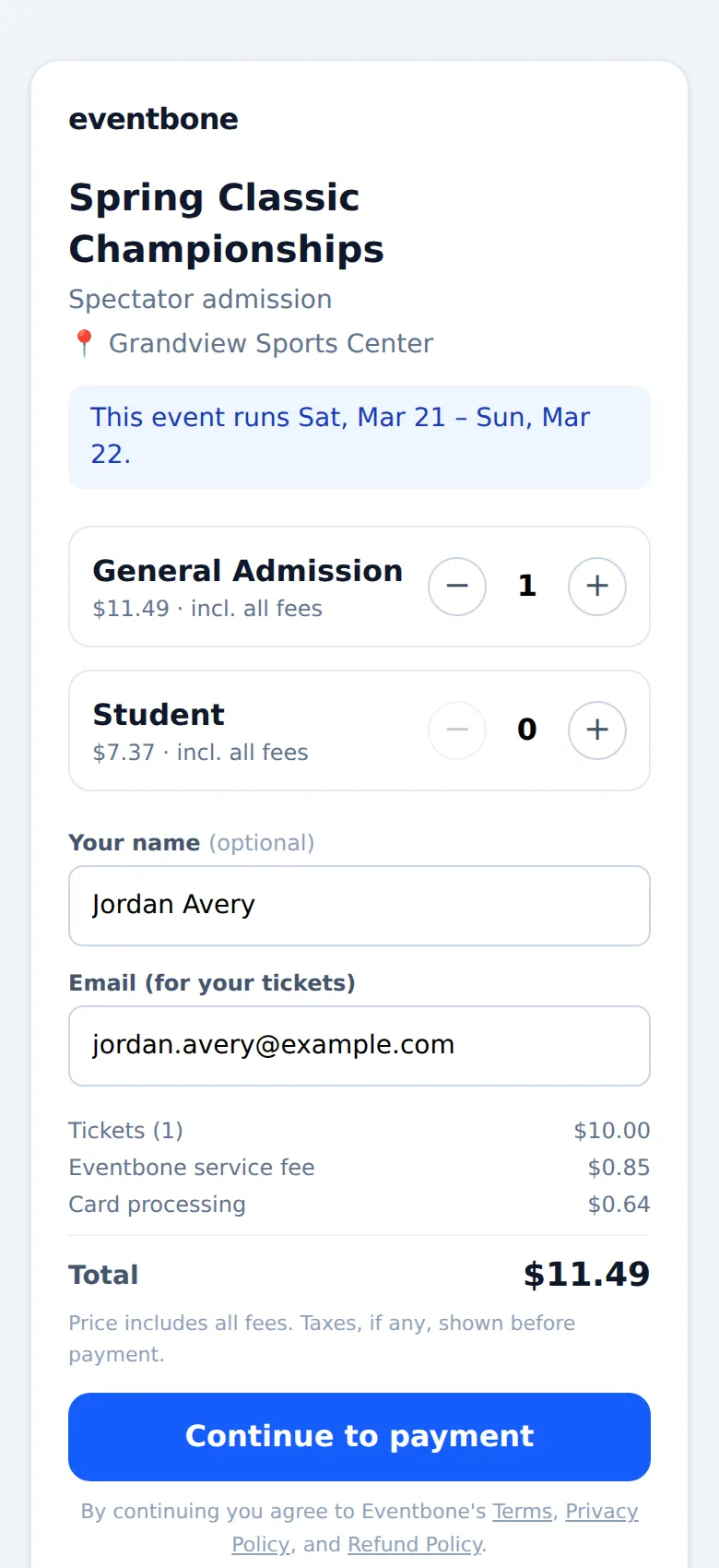 The public buy page on a phone: one General Admission ticket picked, with the $10.00 ticket, the $0.85 service fee, and $0.64 card processing listed, and an $11.49 total.