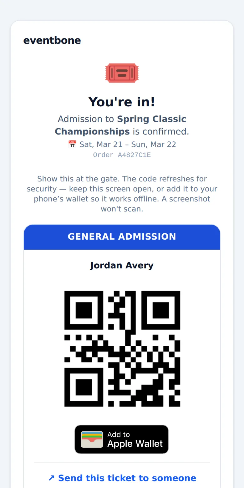 A buyer's ticket on their phone after checkout: General Admission for Jordan Avery, a QR code that refreshes, and an Add to Apple Wallet button.