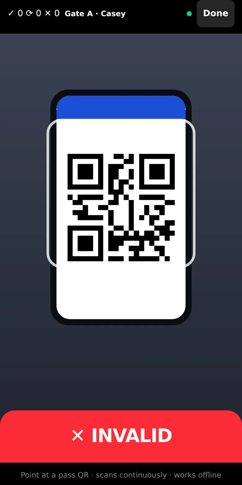 The scanner showing Invalid, in red, for a code that is not a ticket for this event.
