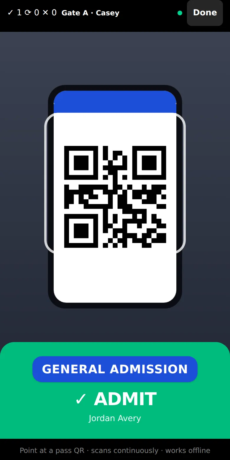 The gate scanner on a staff phone reading that ticket: a full-width green Admit, with the ticket type and the holder's name.